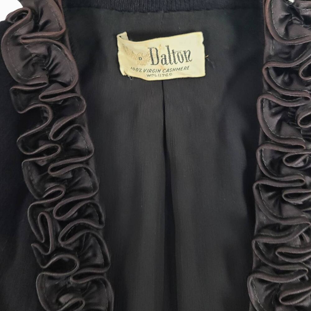 Dalton Cashmere Cardigan Vintage 50s Pinup Scroll Ruffle Trim Cinch Waist Black - Picture 12 of 16